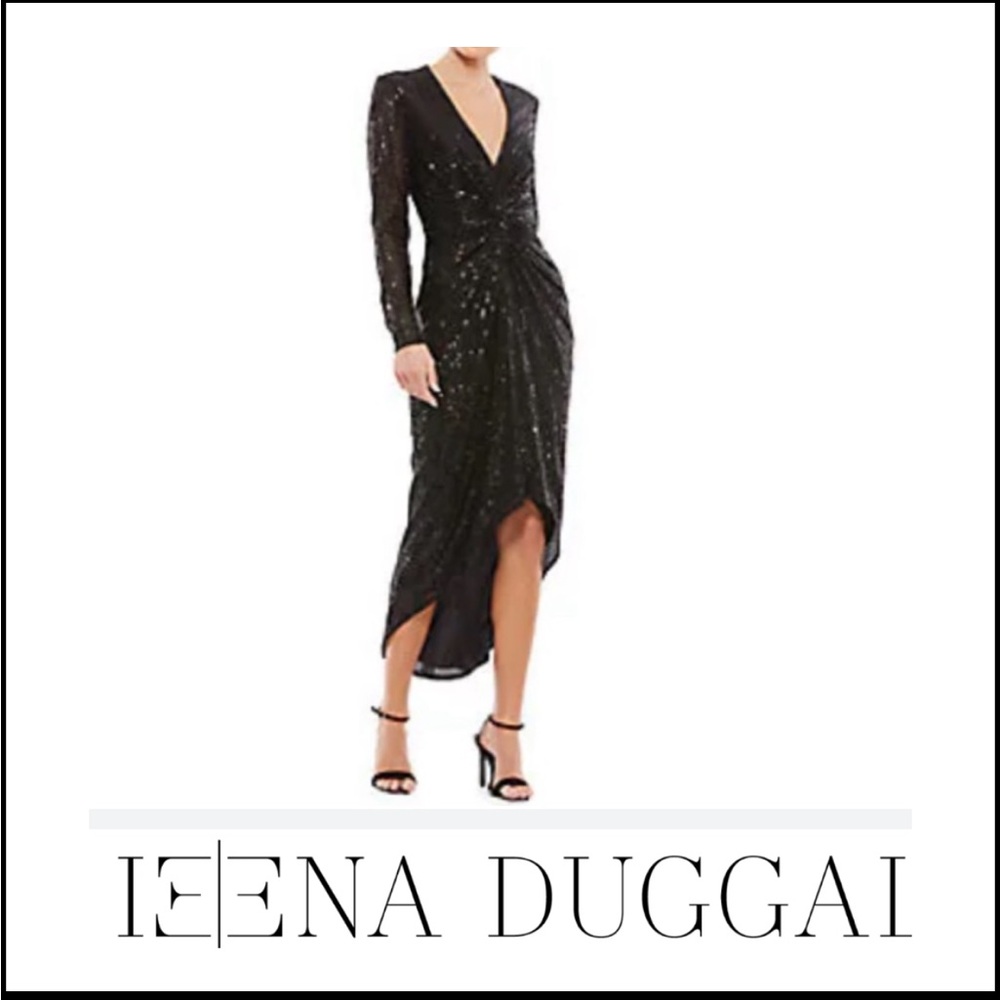 Ieena for Mac Duggal Black Sequin Wrap Dress